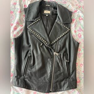 June Black Leather Vest with Studded Lapel
